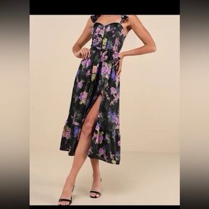 Lulu's Black Floral Midi Dress with Purple & Green Print
